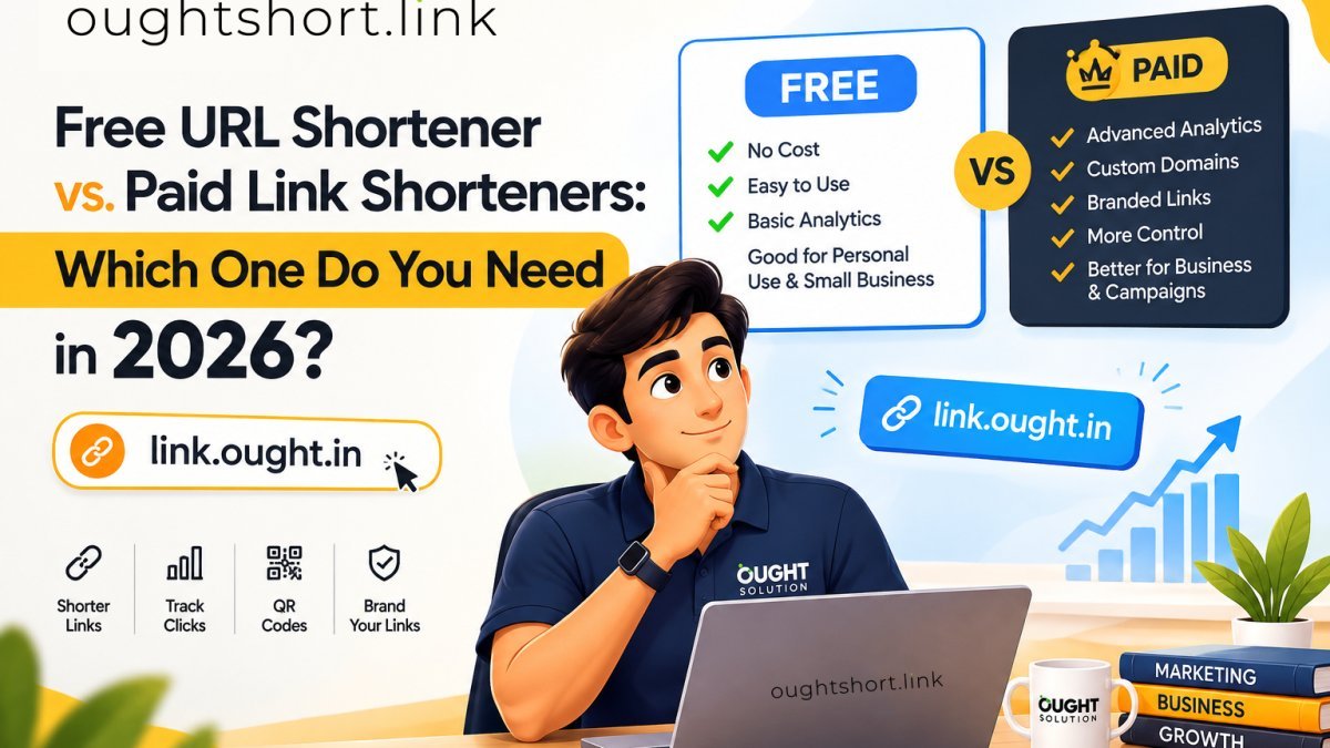 Free vs. Paid Link Shorteners comparison infographic highlighting custom branded domains, analytics, and dynamic editing by oughtshort.link.