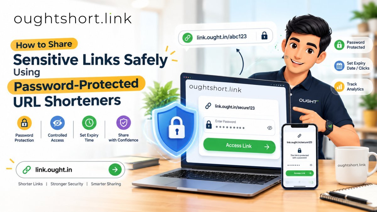 A secure digital lock icon glowing over a modern link-sharing interface on a laptop screen, representing password-protected URL shortening.