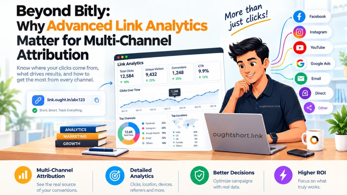 Dashboard interface displaying multi-channel attribution, conversion rates, and advanced link analytics metrics on link.ought.in