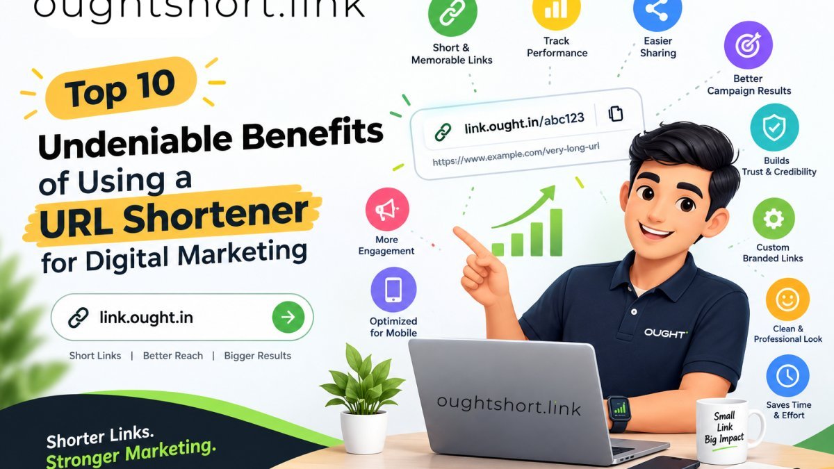 Modern digital marketer analyzing custom link click analytics and performance metrics on link.ought.in dashboard