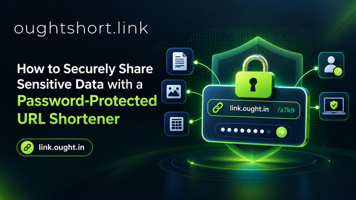 A digital padlock icon hovering over a laptop screen demonstrating how to securely use a password-protected URL shortener by OUGHT Short Link.